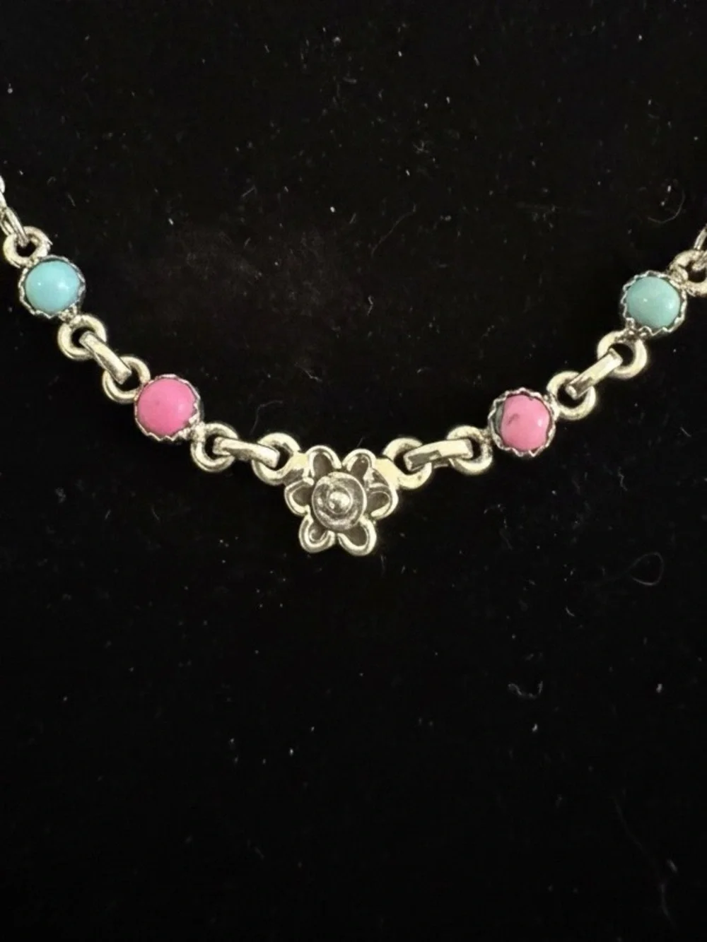 Floral sterling silver Chain Necklace with cotton candy Pink and Turquoise Stone